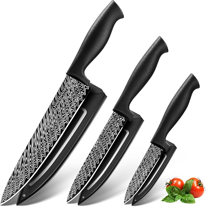 3-Piece Black Damascus Pattern Kitchen Knife Set with Sheath, Includes