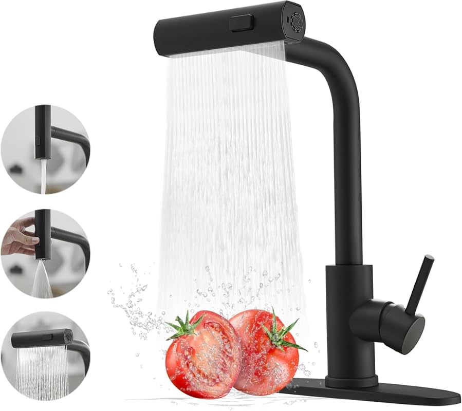 Black Commercial Kitchen Faucet: Waterfall Pull Down Sprayer, 3-Functi