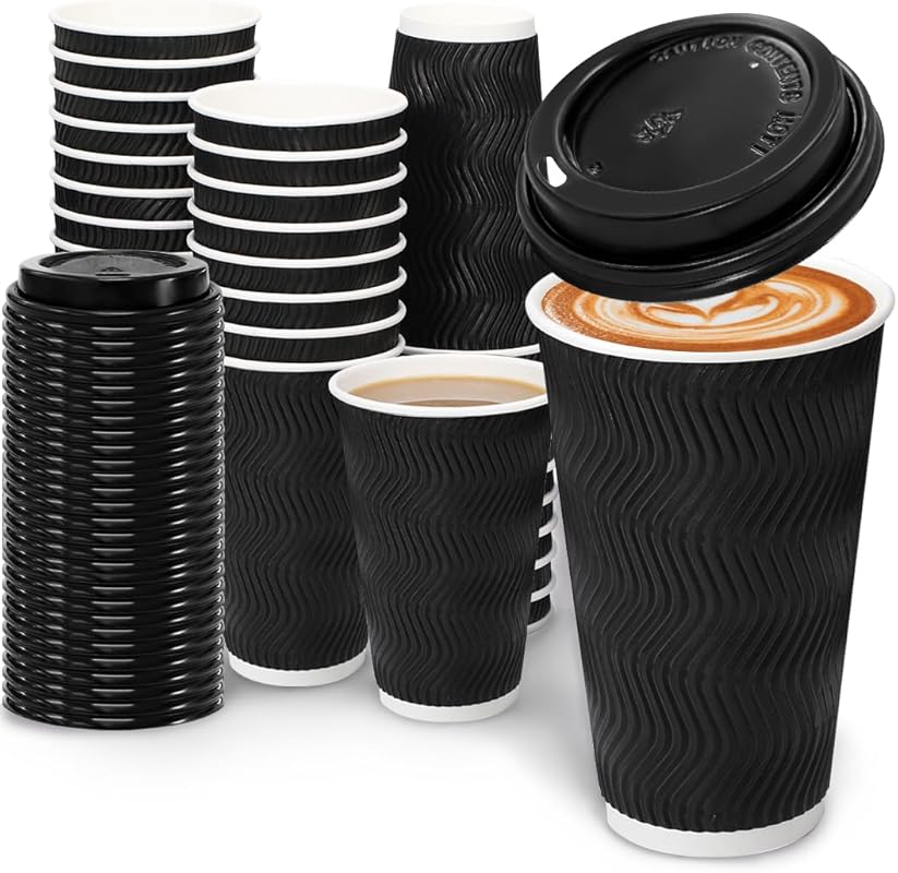 100 Pack 16 oz Disposable Insulated Coffee Cups with Lids. Corrugated 