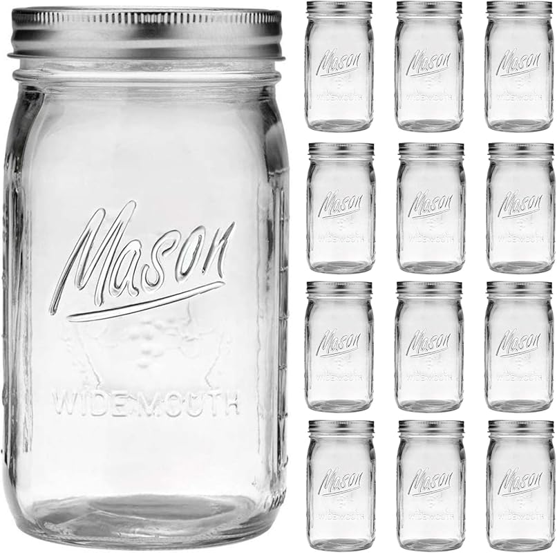 Wide Mouth 32oz Quart Glass Mason Jars with Airtight Lids & Bands, 12-