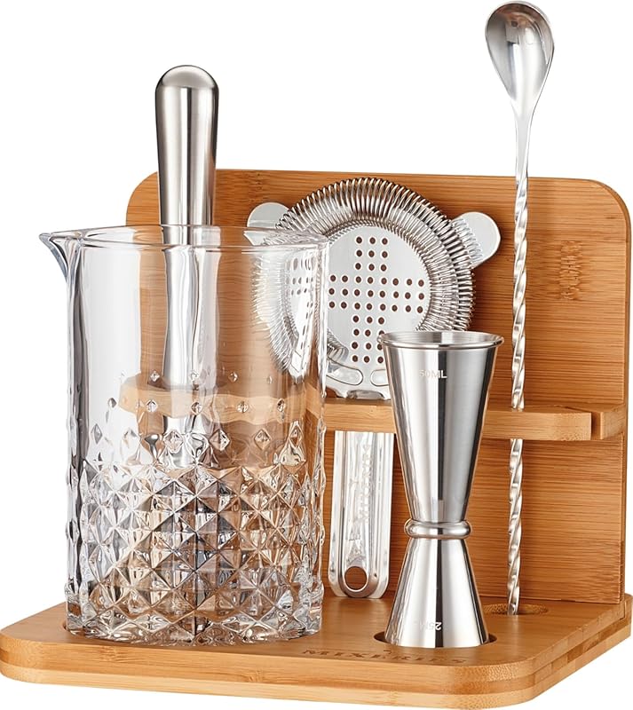 Crystal Cocktail Mixing Glass Set with Bamboo Stand, 22 Oz Bar Accesso