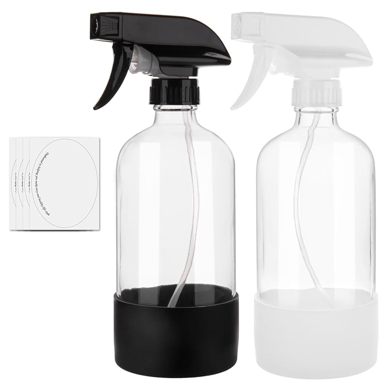 Clear 2-Pack 16oz Glass Spray Bottles with Silicone Sleeve for Cleanin
