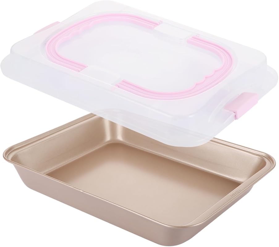 Non-Stick 9x13 Inch Gold Cake Pan with Plastic Lid, High-Sided Bakewar