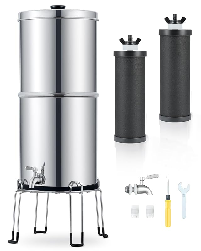 CO-Z 2.25 Gal Gravity Water Filter System, Stainless Steel, 2 Carbon F