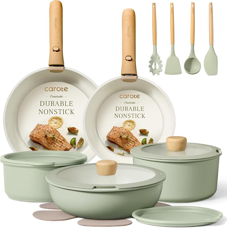 CAROTE 19-Pc Nonstick Cookware Set, Detachable Handle, Induction & RV,