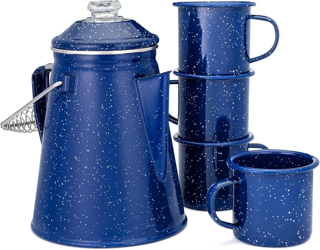 COLETTI Classic 12-Cup Blue Enamel Camping Percolator Coffee Pot & 4 M