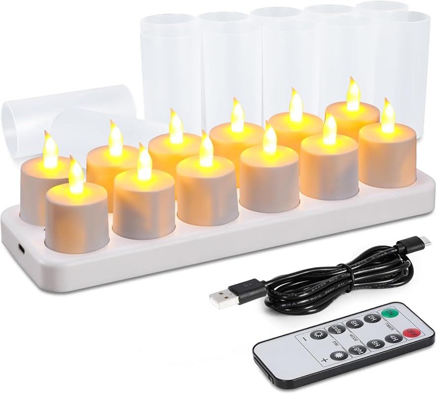 WoneNice 12-Pack USB Rechargeable Flameless LED Tea Lights with Remote