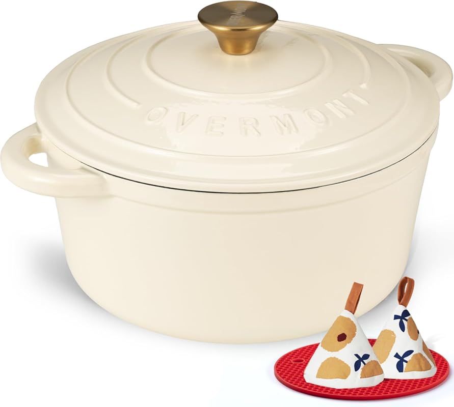 Overmont Cream White 5.5QT Enameled Cast Iron Dutch Oven with Lid, Coo