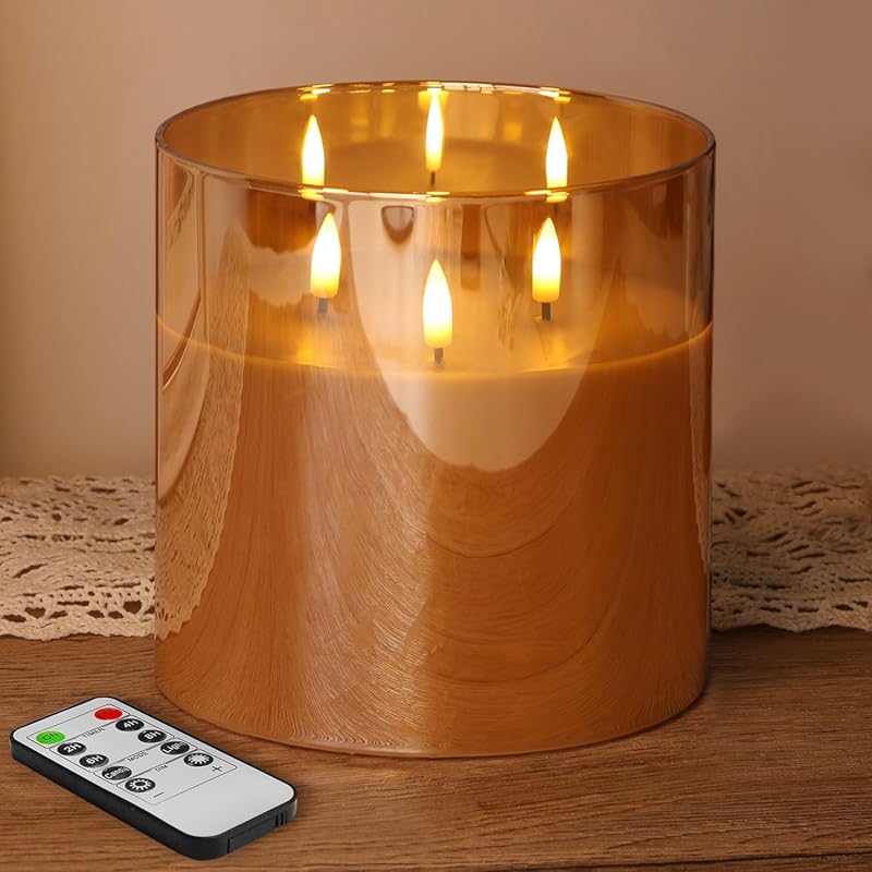 Eywamage Large 3 Wick Gold Glass Flameless LED Pillar Candle with Remo