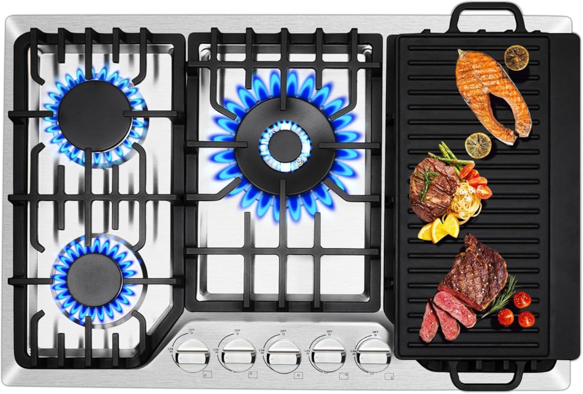 30-inch Built-in Gas Cooktop with Griddle, 5 SABAF Powerful Burners, 3