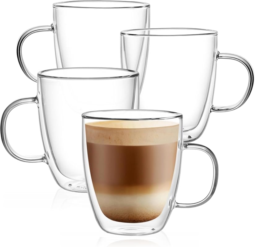 CNGLASS 12oz Large Double Walled Insulated Glass Coffee Mugs with Hand