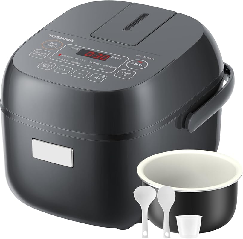 TOSHIBA Small 3-Cup Rice Cooker: LCD Display, 8 Functions for Rice, Gr