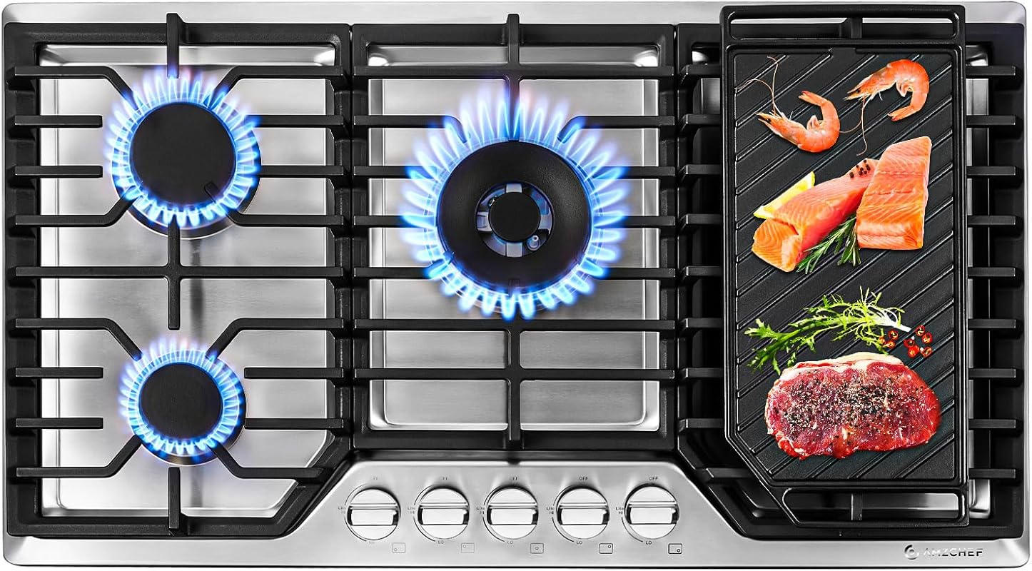 AMZCHEF 36-inch Built-in Gas Cooktop, 5 SABAF Power Burners, 304 Stain