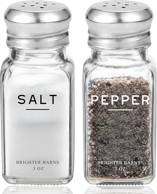 Brighter Barns Glass Salt and Pepper Shakers Set with Stainless Steel 
