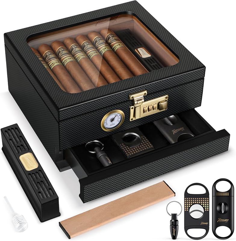 Cedar Wood Glass Top Desktop Cigar Humidor: Front Hygrometer, Humidifi