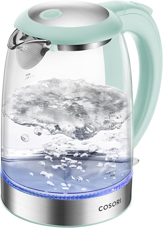 Cosori 1.7L Glass Electric Kettle: No Plastic Filter/Spout, Automatic 