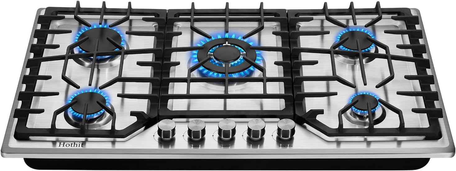 36-inch Gas Cooktop, 5 Burners, Stainless Steel, Propane/Natural Gas C