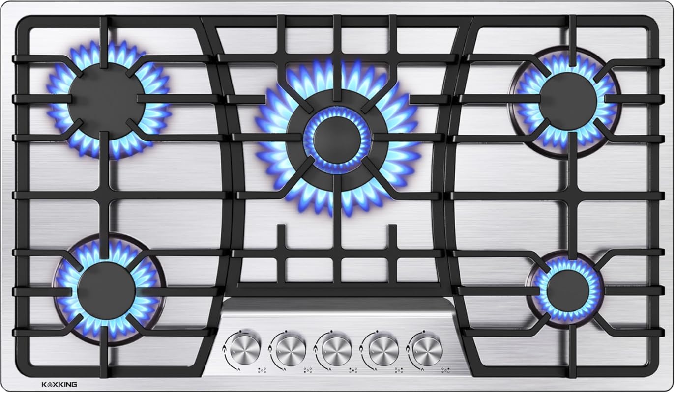 36 Inch 5 Burner Gas Cooktop: LPG/NG Convertible Stainless Steel Stove