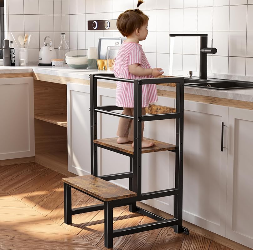 Height Adjustable Toddler Kitchen Step Stool & Standing Tower with Saf