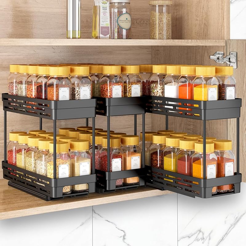 Black 2-Tier Pull Out Spice Rack Organizer for Cabinets (3-Pack), Slid