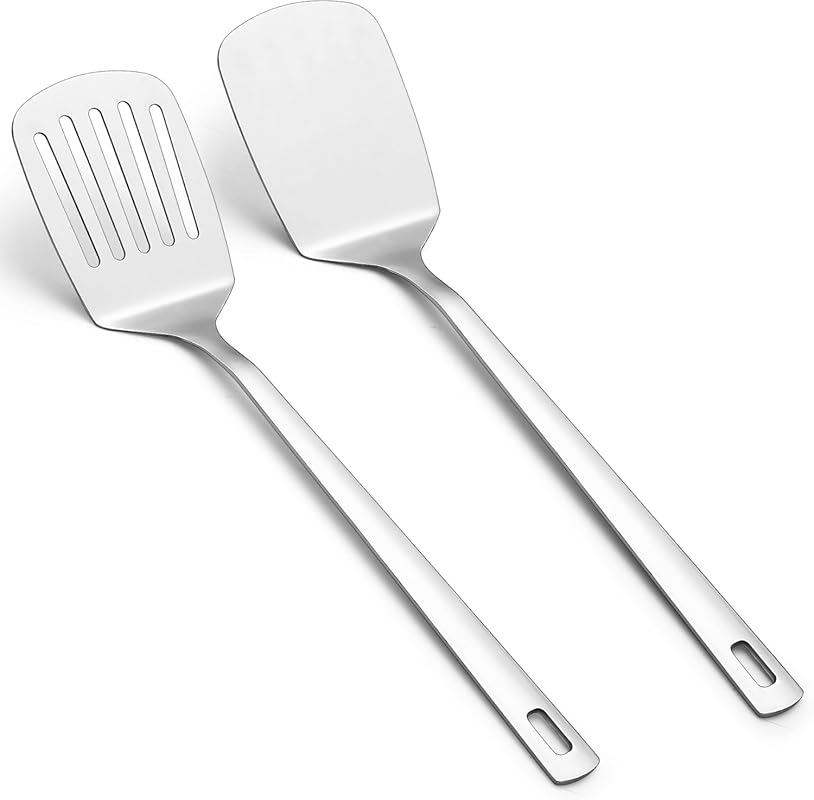 Kyraton Stainless Steel Spatulas Set, Silver Slotted & Solid Turner fo