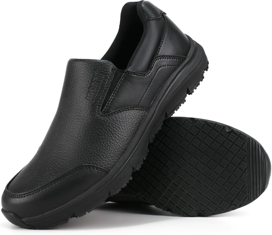 Jacata Men's Non-Slip Black Work Shoes: Water-Resistant Leather Slip-O