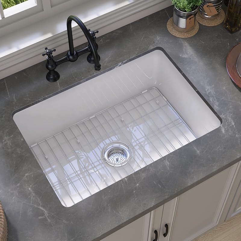 GETPRO White 27-Inch Fireclay Farmhouse Kitchen Sink, Topmount Single 