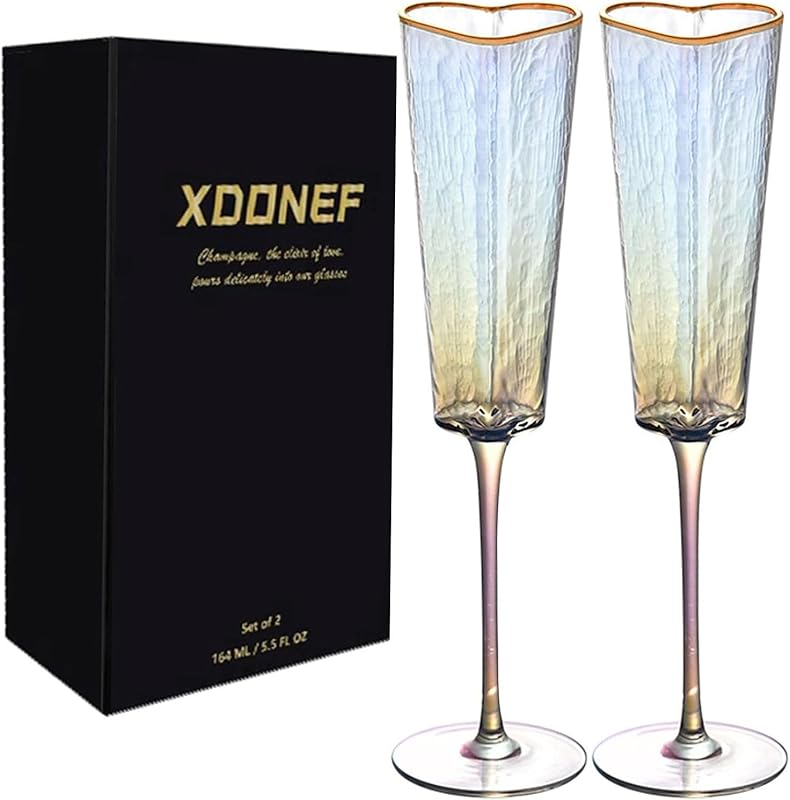 Heart Shaped Golden Rimmed Crystal Champagne Flutes, Unique Set of 2 T