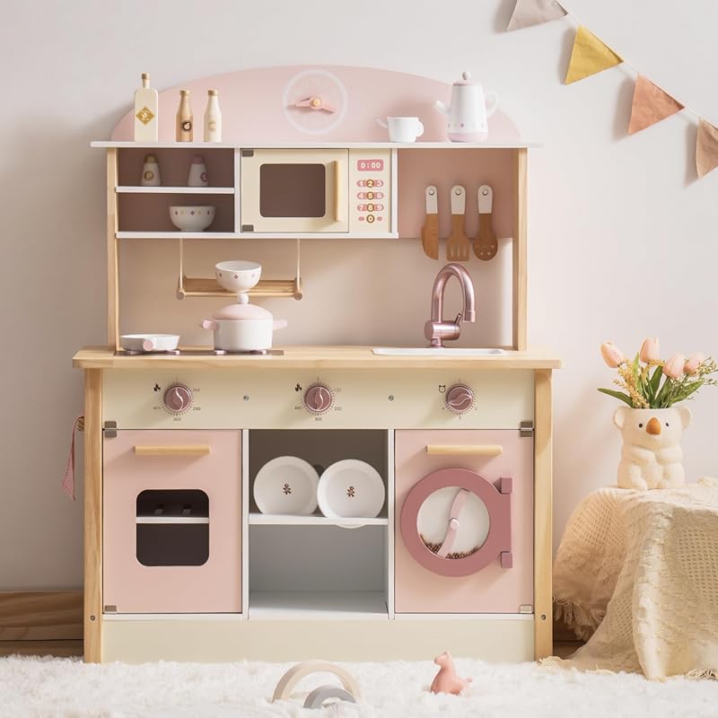 ROBOTIME Wooden Play Kitchen Set, Pink, Realistic Design with Dishwash