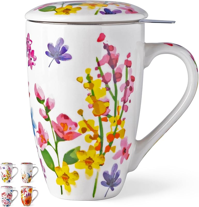 GBHOME Large 18 oz Ceramic Tea Mug with Infuser, Lid, Microwave & Dish