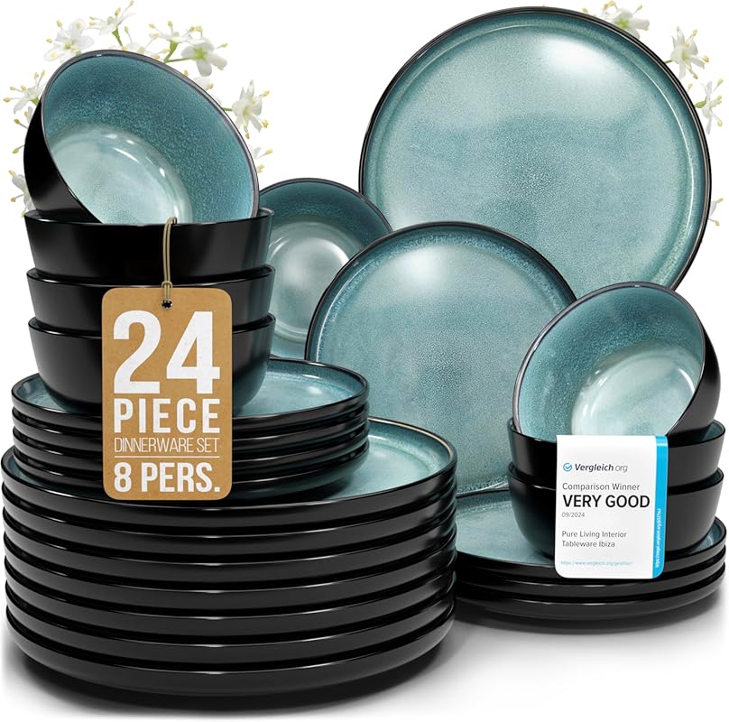 24-Piece Stoneware Dinnerware Set for 8, Black/Petrol Blue, Scratch Re