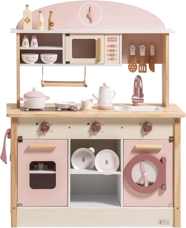 ROBUD Wooden Play Kitchen, Pink, with Realistic Accessories & Modern S