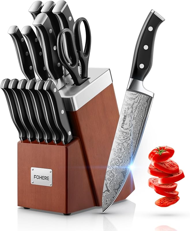 FOHERE 14-Piece Self-Sharpening Knife Block Set, High Carbon Stainless