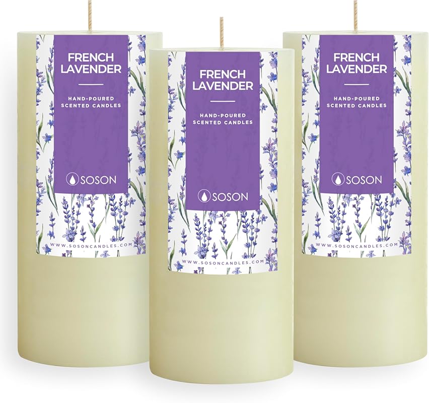 Simply Soson 3x6 Inch Ivory Lavender Scented Pillar Candle Set for Hom