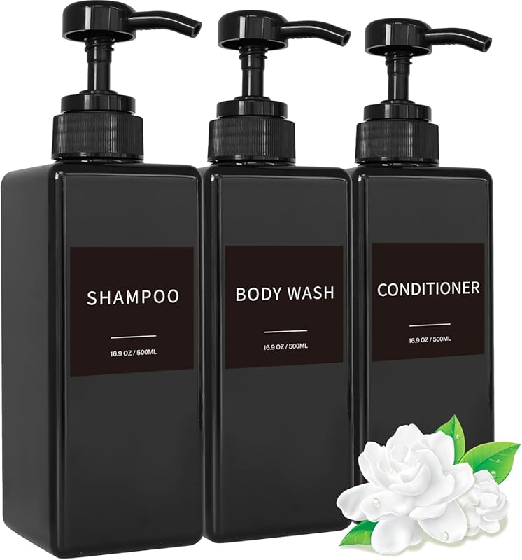 3-Pack 16.9oz Black Refillable Plastic Shampoo & Conditioner Dispenser