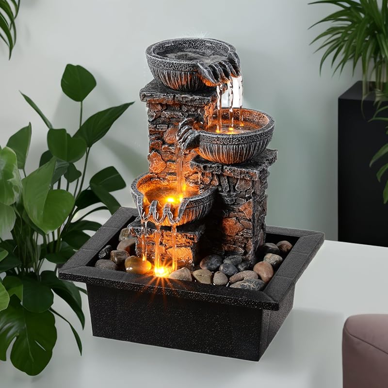 Kalona Tabletop Fountain 3 Bowls with LED Light for Zen Meditation & H