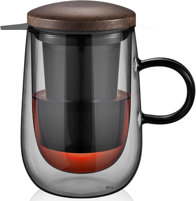 glastal 14.5oz Double-Walled Black Glass Tea Infuser Mug with Stainles