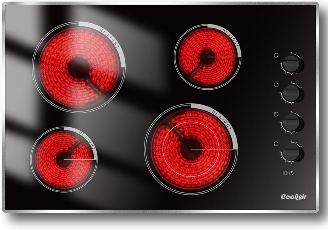 30-inch Built-in Electric Radiant Cooktop, 4 Burners, 7400W, Glass Pro