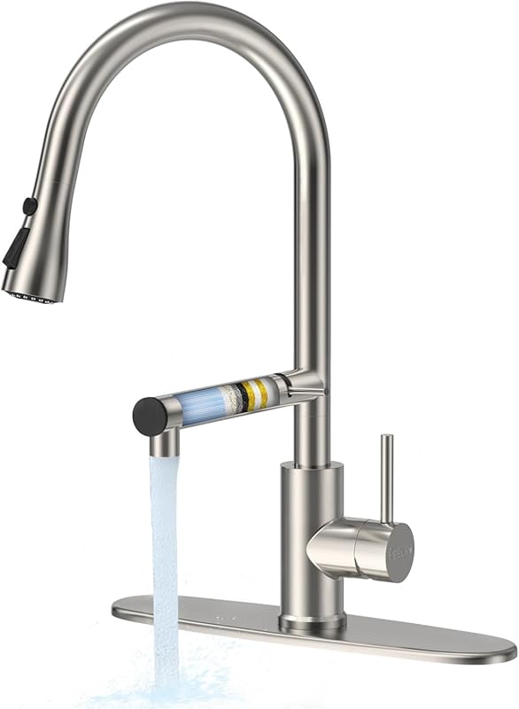 FEELSO Brushed Nickel Filtered Kitchen Faucet: High Arc, Pull-Down Spr