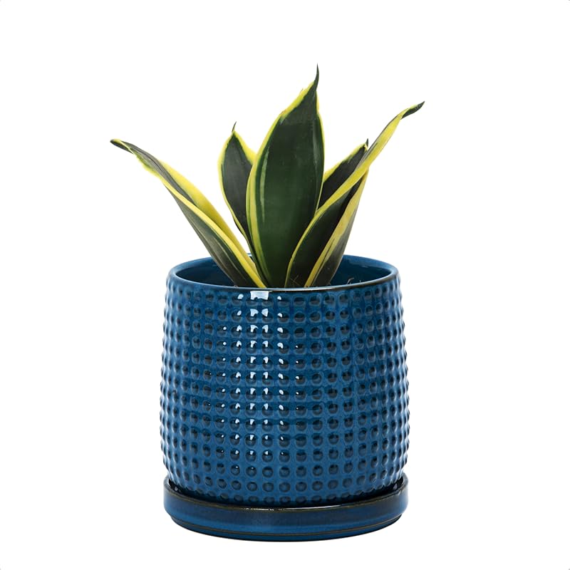 D'vine Dev 4 Inch Midnight Blue Ceramic Beaded Stoneware Planter Pot w