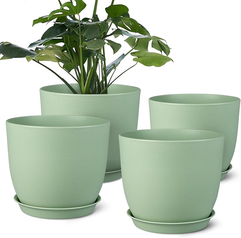 Green 8 Inch Plant Pots (Set of 4) with Multi-Mesh Drainage for Indoor