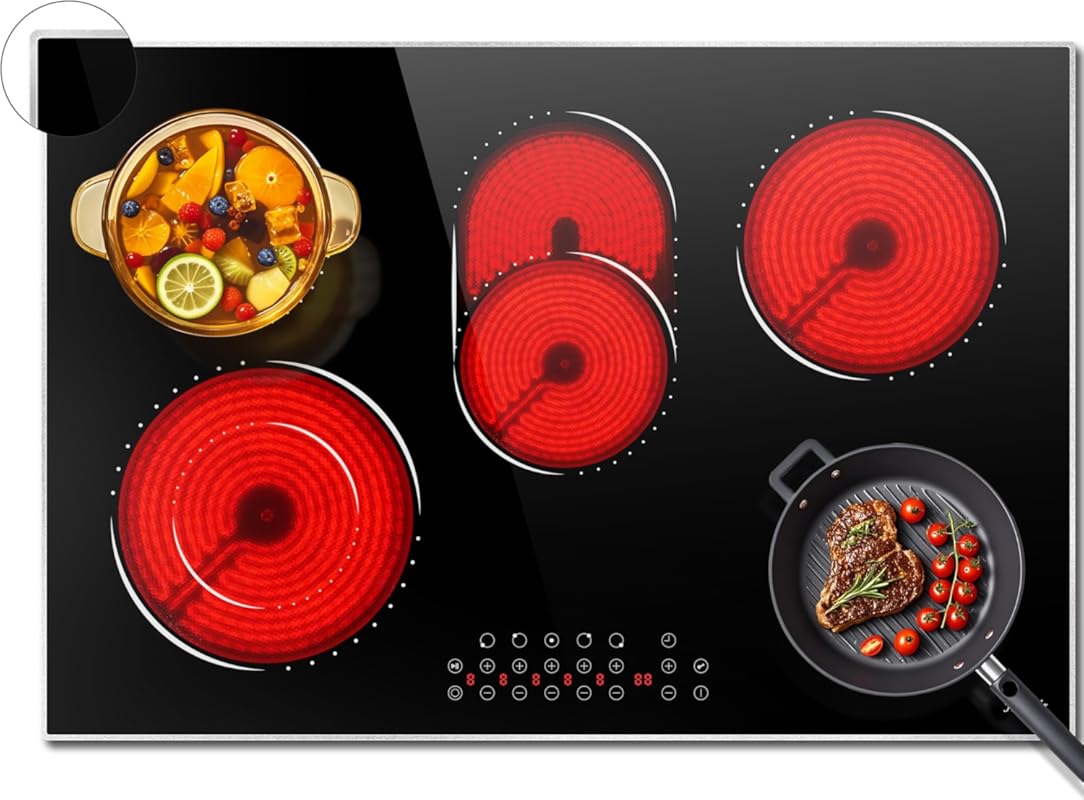 Hobsir 30 Inch Electric Cooktop, 5 Burner Ceramic Stove with Glass Met
