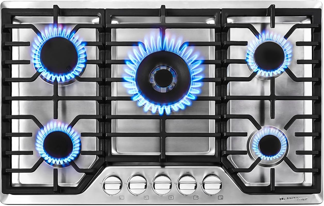 AMZCHEF 30-inch Built-in Gas Cooktop, 5 SABAF Power Burners, 304 Stain