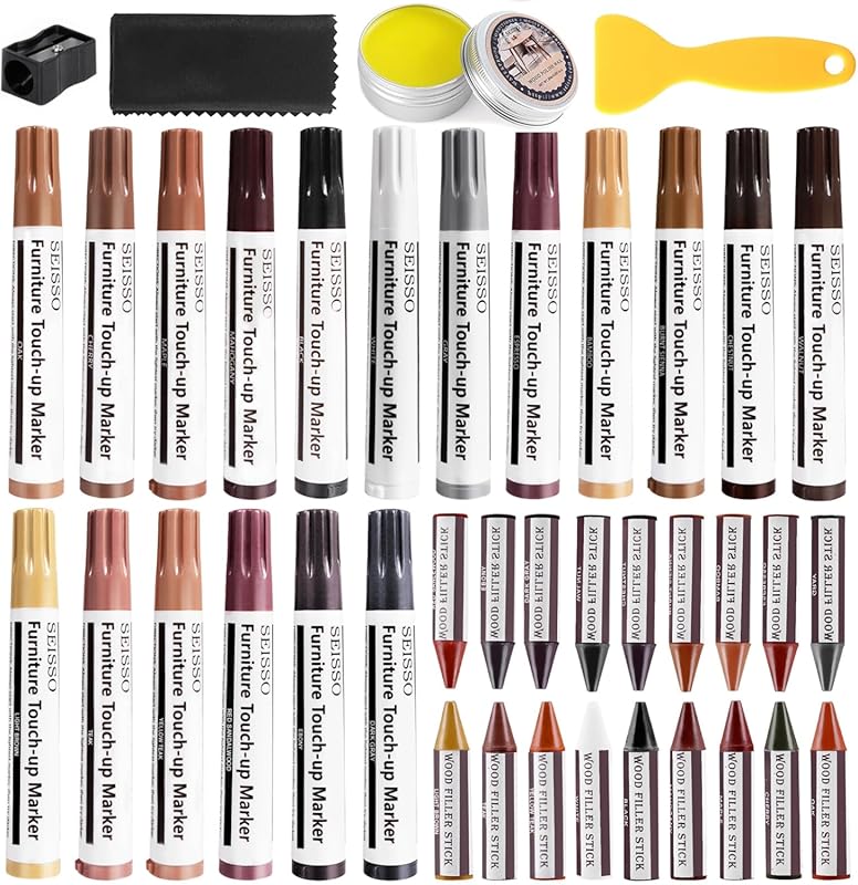 SEISSO 18 Colors Furniture Repair Kit, Touch Up Markers & Wood Filler 