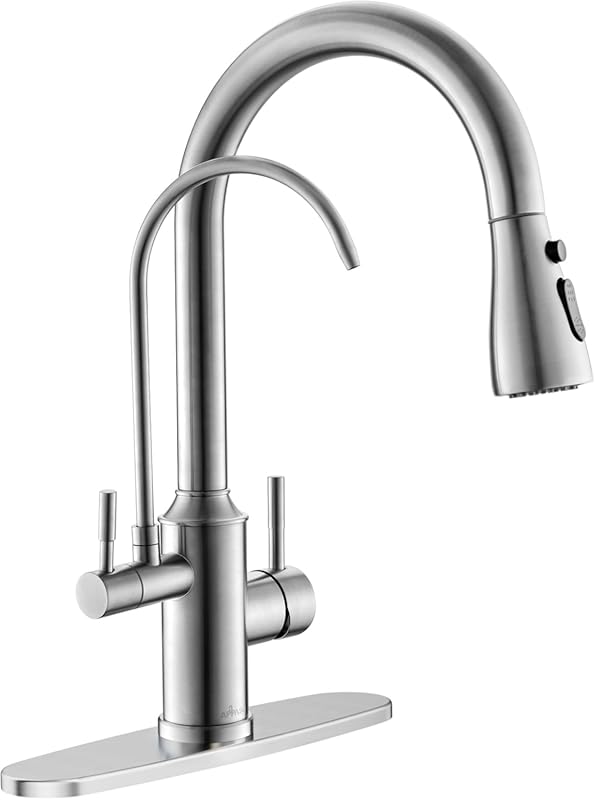 APPASO Brushed Nickel 3-Way Pull-Out Kitchen Faucet: High Arc, 2 Handl