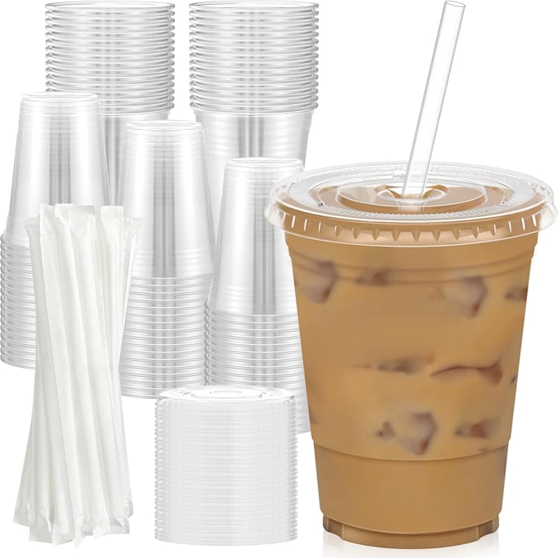 100-Pack 16oz Clear Plastic Cups with Lids & Straws, Sturdy Disposable