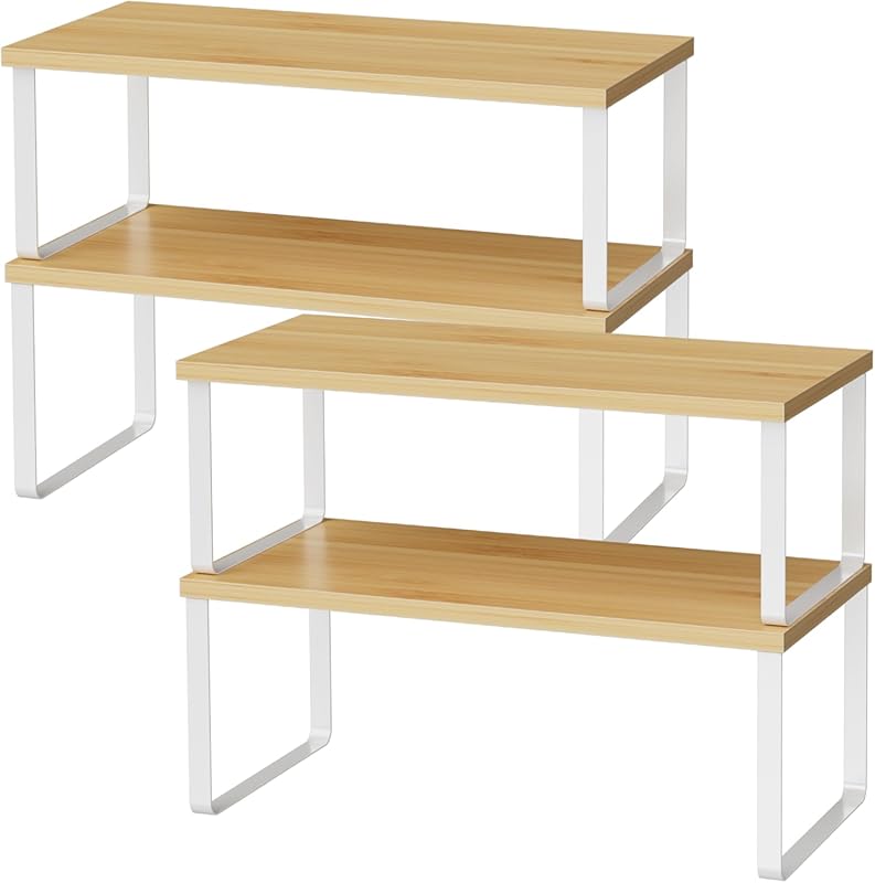 Large Kitchen Cabinet Shelf Organizers (Set of 4), Stackable Wood Pant