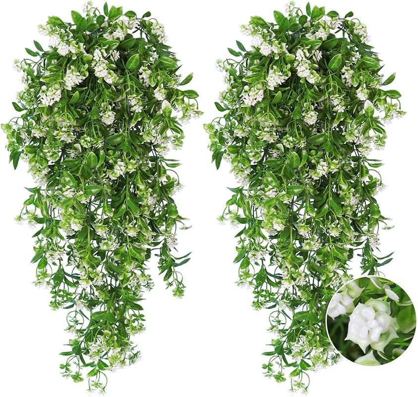 RECUTMS 2Pcs Artificial Hanging Flowers, UV Resistant Faux White Ivy V
