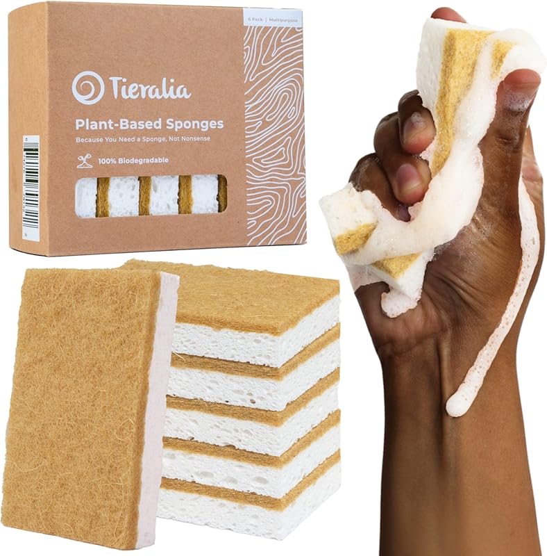 Tieralia Natural Dish Sponge Set, 6-Pack Eco-Friendly Compostable Cell