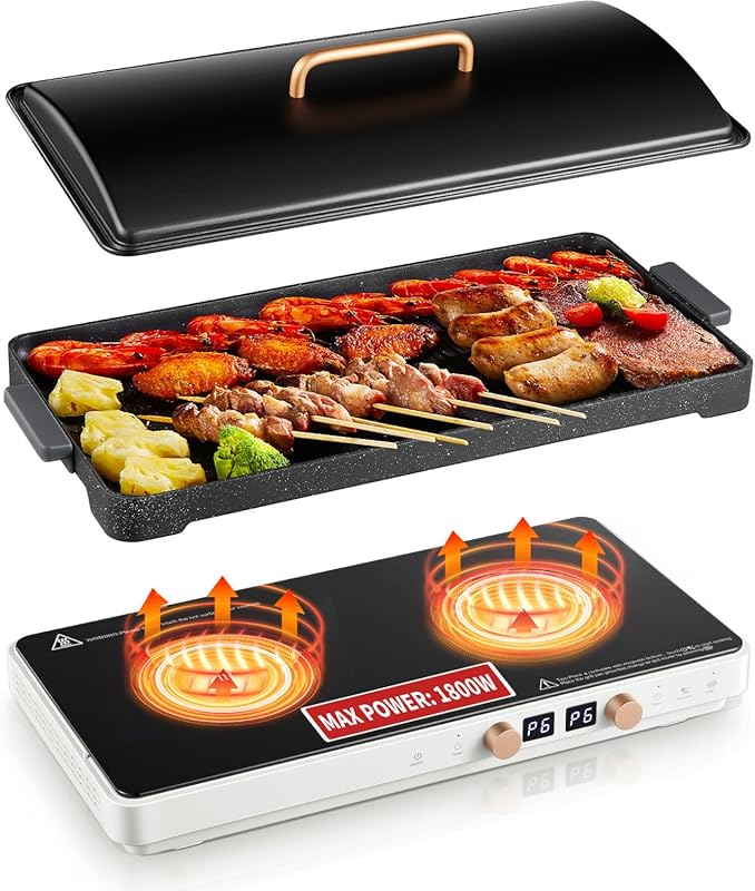 Portable 1800W Double Induction Griddle Cooktop with Removable Non-sti